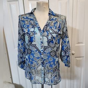 New York & Company Sheer Chiffon Quarter Sleeve Print Button Down Top / Blouse